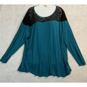 Attention Plus Shirt Womens 3X Blue Lace Yoke Long Sleeve Side Slit Tunic Top